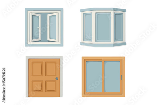 Different types of windows including casement, bay, and sliding designs, alongside a classic residential door