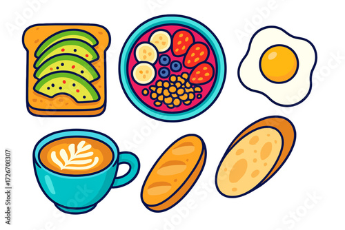 Collection of healthy breakfast food items including avocado toast, fruit bowl, coffee, fried egg, and bread