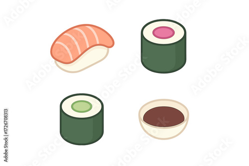 Delicious isometric sushi set featuring various nigiri, maki rolls, and a bowl of soy sauce for Japanese cuisine