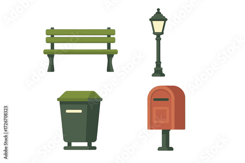 Collection of urban park elements including a green bench, classic street lamp, public trash bin, and a red mailbox