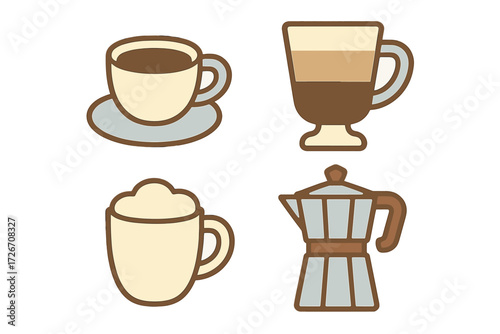 Variety of hot coffee beverages and brewing equipment including a classic cup, latte glass, cappuccino mug, and a traditional Moka pot
