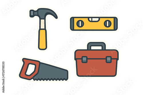 Essential construction and repair tools including a hammer, hand saw, spirit level, and a red toolbox for various tasks