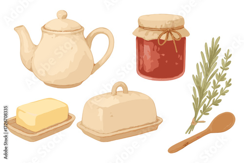 Rustic watercolor breakfast kitchen food ingredients collection featuring teapot jam butter rosemary and wooden spoon