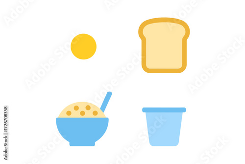 Simple breakfast food icons featuring bread, egg, cereal, and a cup for morning meals