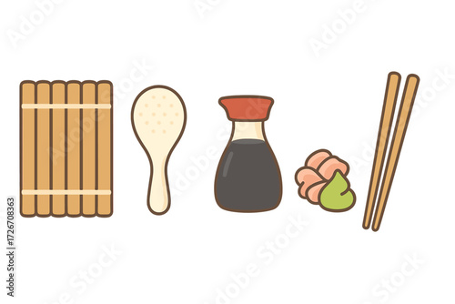 Sushi making tools and condiments set with rolling mat, rice paddle, soy sauce, ginger, wasabi, and chopsticks