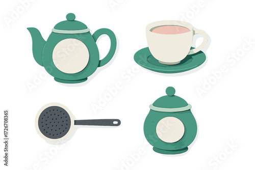 Collection of modern tea service items including teapot, teacup, infuser, and sugar bowl in a stylish design