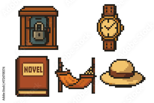 Retro pixelated icons of everyday items and vacation accessories including a safe, wristwatch, novel, hammock, and straw hat