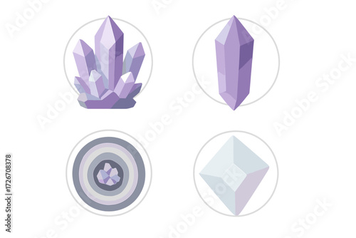 Vibrant purple and white faceted crystal formations and precious mineral stones for spiritual and decorative themes