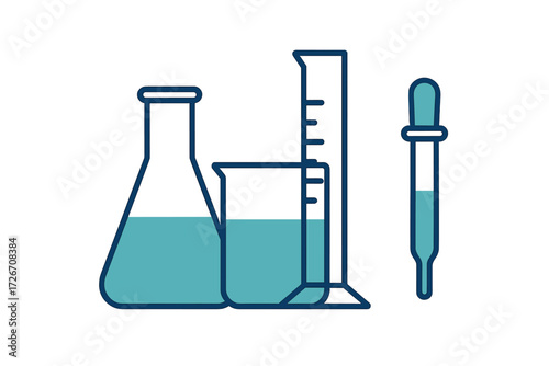 Scientific laboratory glassware set with flask beaker graduated cylinder and dropper containing blue liquid for chemistry experiments