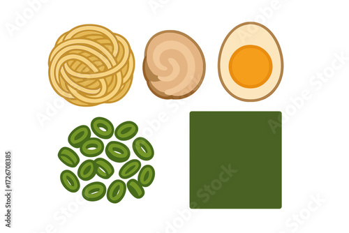 Assortment of ramen ingredients including noodles, chashu pork, soft-boiled egg, green onions, and nori seaweed
