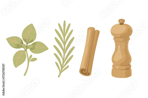 Various cooking essentials like fragrant basil and rosemary herbs, a rolled cinnamon stick, and a classic wooden pepper grinder