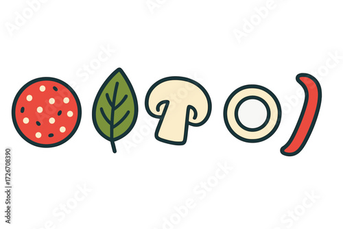 Assortment of fresh food ingredients for cooking and meal preparation featuring pepperoni, basil, mushroom, onion, and chili pepper