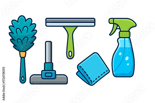 Various household cleaning tools and supplies for domestic chores and hygiene maintenance, isolated on white