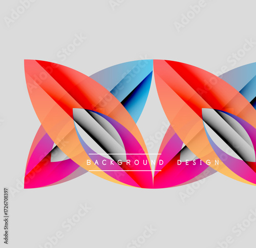 Abstract colorful shapes overlap, creating dynamic visual effect. Gradient hues blend, forming modern design element. Gray background provides contrast.