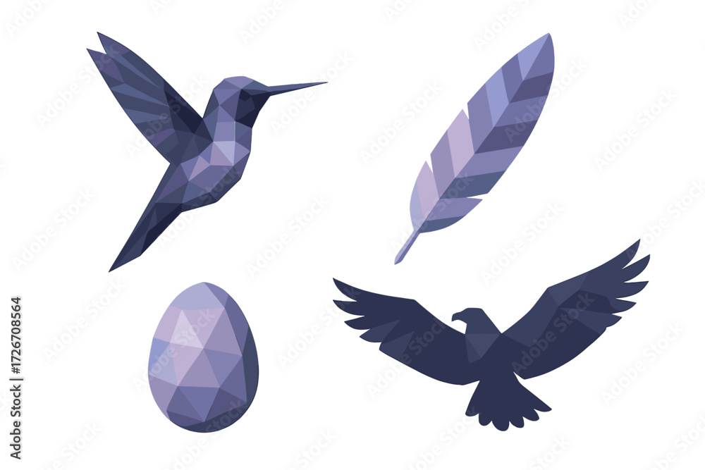 Fototapeta premium Stylized low poly geometric hummingbird eagle feather and egg collection in shades of purple and blue