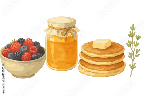Delicious breakfast spread featuring a bowl of mixed berries, a jar of golden honey, and a stack of fluffy pancakes with butter