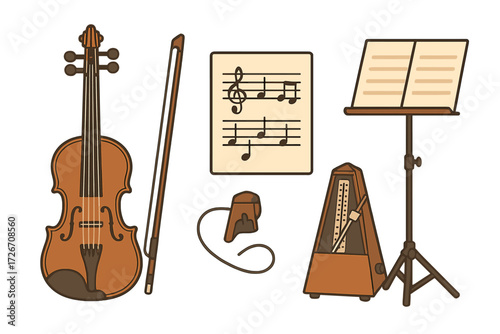 Set of classical music instruments and accessories with violin, bow, sheet music, stand, and metronome