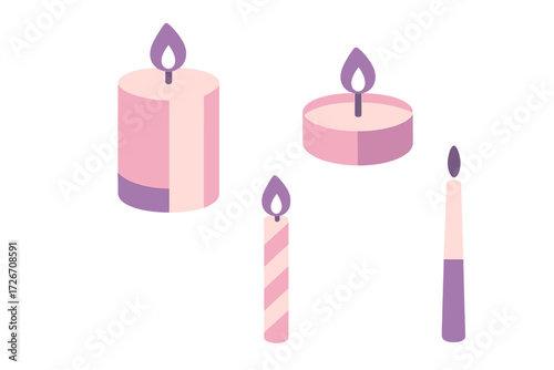 Stylized pink and purple candles in various shapes and sizes, some with glowing flames, creating a warm ambiance