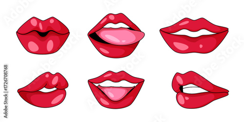 Glossy mouth collection with sexy retro expressions - red lips showing tongue, smile and kiss poses on white background. Feminine charm for beauty illustration or vintage cosmetics advertising.
