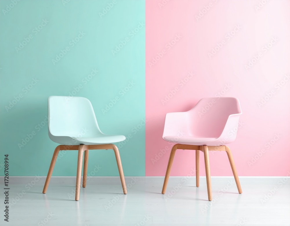 Obraz premium Two stylish chairs in a modern interior with pastel color wall