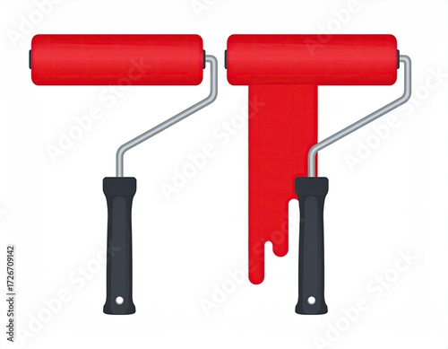 Two red paint rollers, one standard, one dripping