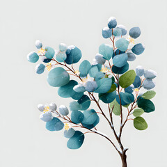  Winter eucalyptus branch with blue-green leaves and delicate white blossoms covered in fresh snow on a light background
