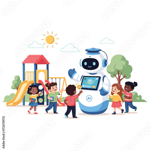 A robot interacting with children at a playground with a slide and swings on a sunny day illustration