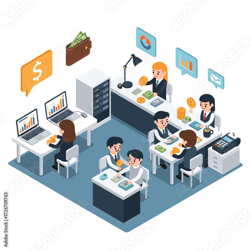 Isometric illustration of a business office with employees and financial elements present inside