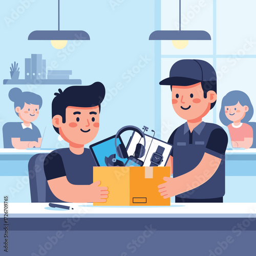 Delivery man handing a box of electronics to a customer in an office setting with coworkers watching