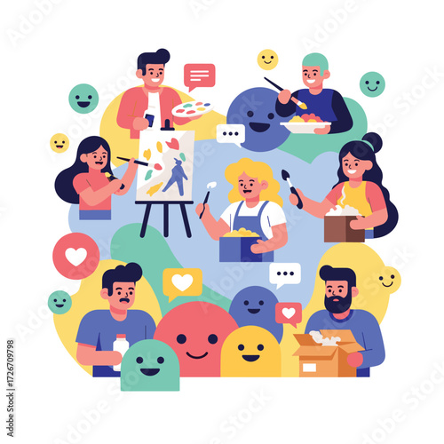 Illustration of people painting and creating with social media icons surrounding them all together