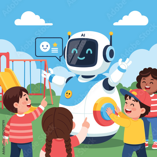 Children interacting with a friendly AI robot on a playground with slide and blue sky background