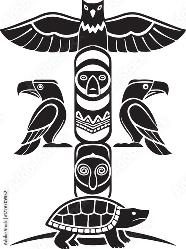 Black and white illustration of a totem pole with animal figures