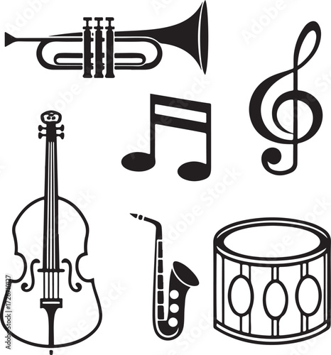 Black and white illustration of musical instruments and notes