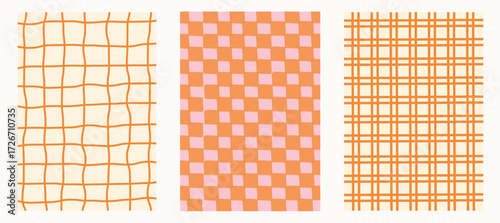 Retro checkered, plaid, and grid doodle backgrounds in warm orange and pink tones. Concept of vintage geometric textile, funky abstract pattern, playful decorative surface. Flat vector illustration.