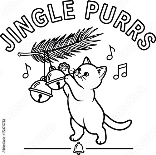 Jingle Purrs Logo – Playful Kitten with Jingle Bells, Pine Branch, Musical Notes, and Festive Typography