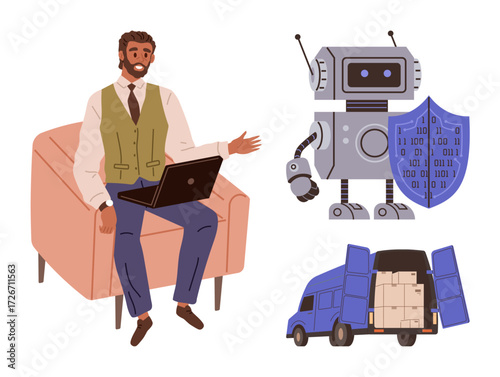 Man working on laptop, robot with shield symbolizing cybersecurity, truck with goods for delivery. Ideal for business, technology, cybersecurity, logistics, e-commerce communication teamwork. A