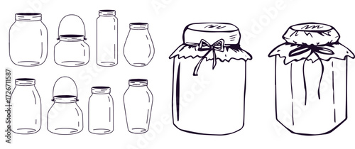 Vector set of hand drawn empty jars and bottles vintage