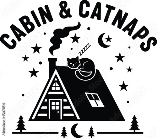 Cabin & Catnaps Logo – Cozy Forest Cabin with Sleeping Cat, Stars, Moon, and Bold Typography