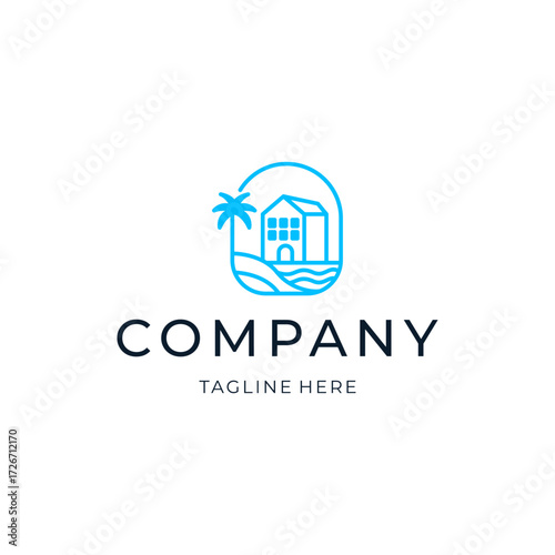 Line art beach hotel logo design. simple bulding icon illustration vector