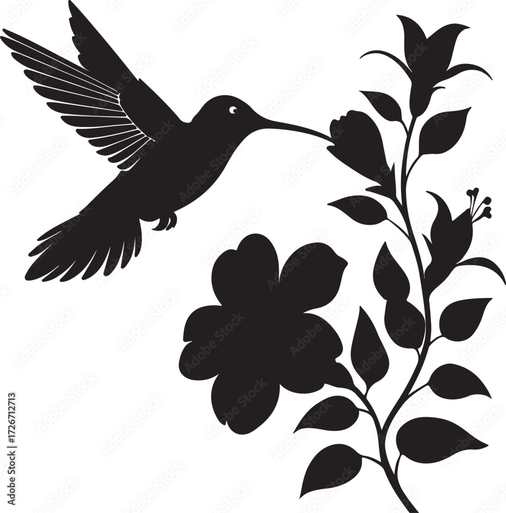 Obraz premium Hummingbird hovering at flower black clipart, flat vector illustration