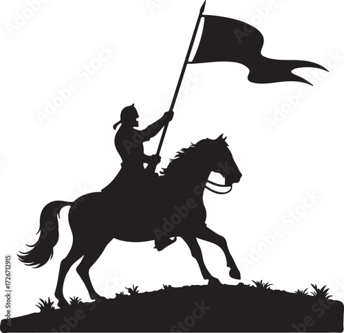 Knight on horse with flag black clipart, flat vector illustration