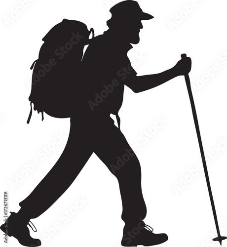 Hiker walking with back bag stick black clipart, flat vector illustration
