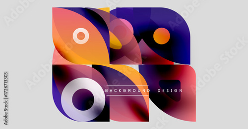 Abstract fluid shapes overlap, creating vibrant color gradients. Modern design elements suggest dynamic composition, smooth transitions.
