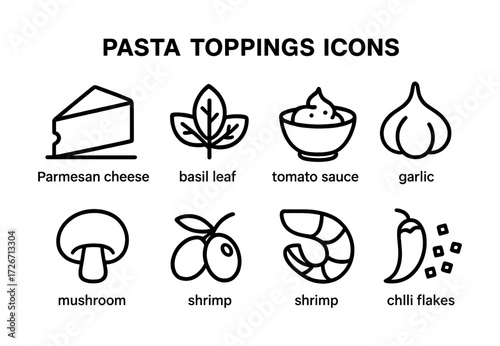 Pasta toppings icons: parmesan, basil, tomato, garlic, mushroom, shrimp, chili