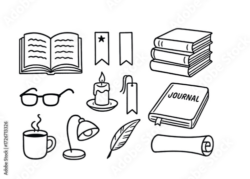 Reading essentials: books, journal, candle, bookmark, lamp, quill, glasses, coffee