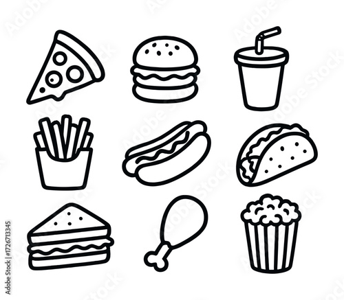 Black and white icon set of popular fast food items