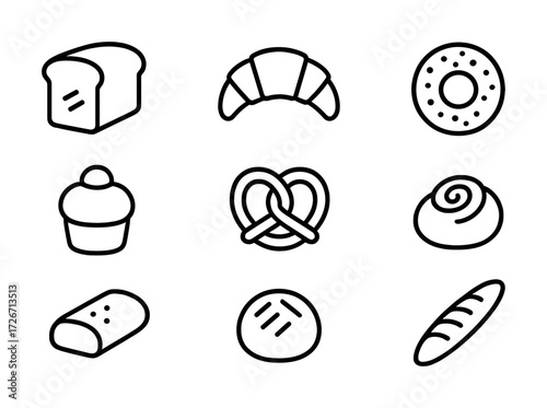 Simple line icons of assorted baked goods and pastries