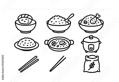 Rice icons: bowls, chopsticks, rice cooker, grain bag illustrations
