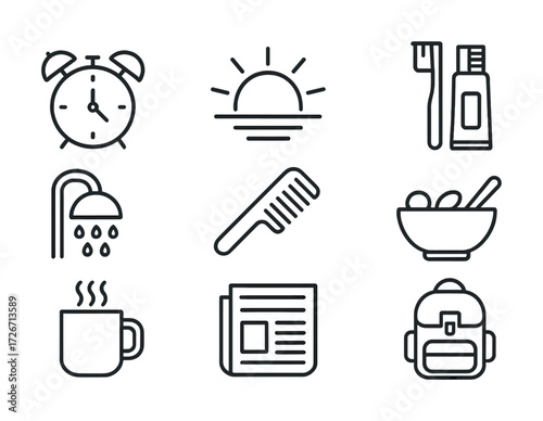 Line icons of everyday essentials: alarm, sun, toothbrush, shower, comb, bowl, coffee, newspaper, backpack