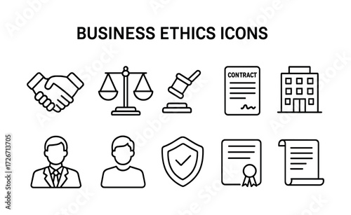 Business ethics icons including handshake scales gavel contract office and more